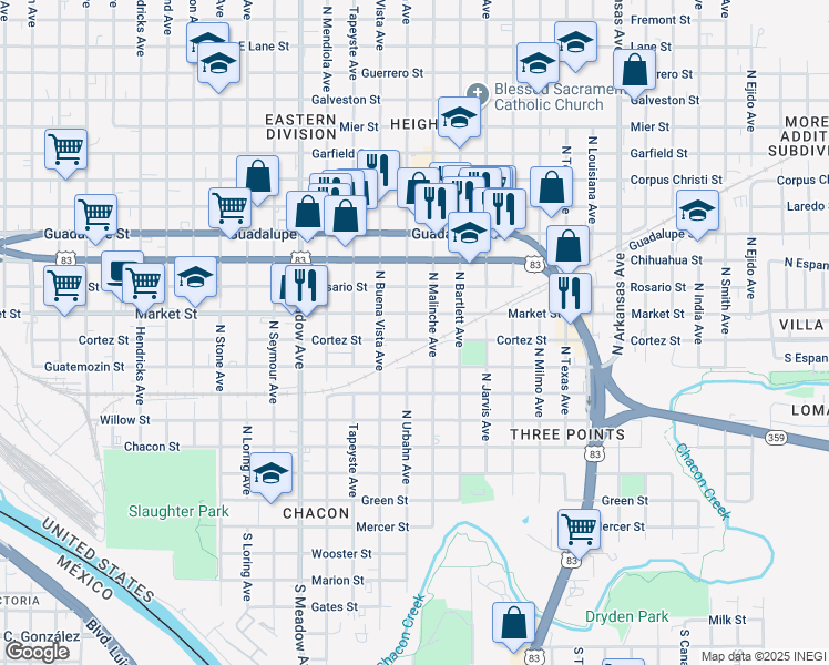 map of restaurants, bars, coffee shops, grocery stores, and more near 712 North Malinche Avenue in Laredo