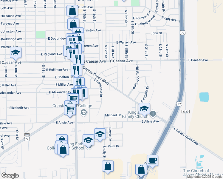 map of restaurants, bars, coffee shops, grocery stores, and more near 18 East Carlos Truan Boulevard in Kingsville