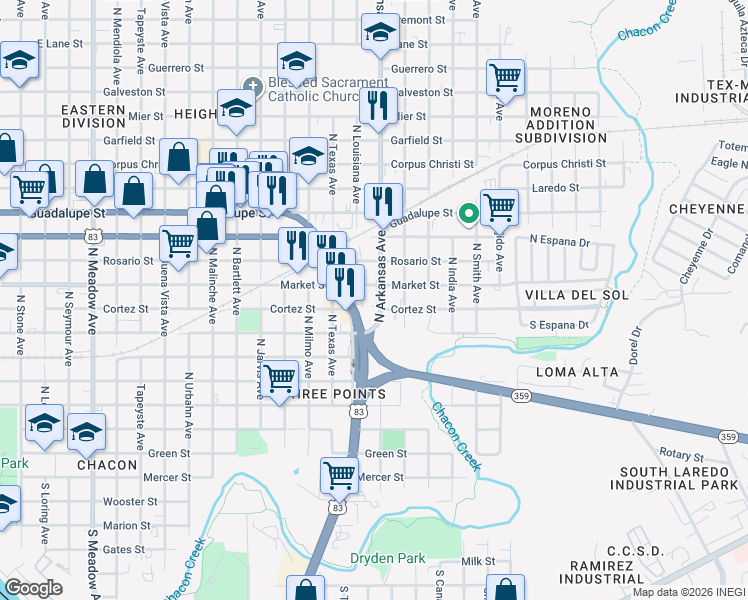 map of restaurants, bars, coffee shops, grocery stores, and more near 2802 Market Street in Laredo