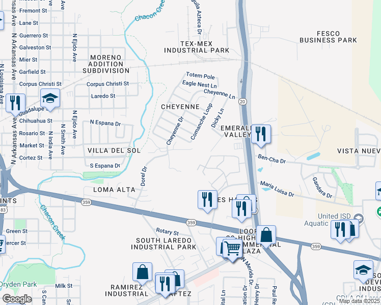 map of restaurants, bars, coffee shops, grocery stores, and more near 3925 Feather Street in Laredo