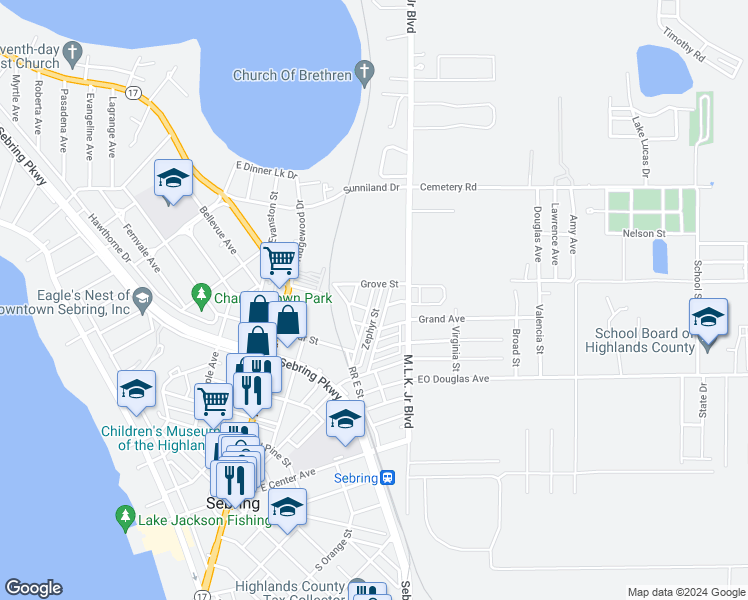 map of restaurants, bars, coffee shops, grocery stores, and more near 852 Shirley Street in Sebring