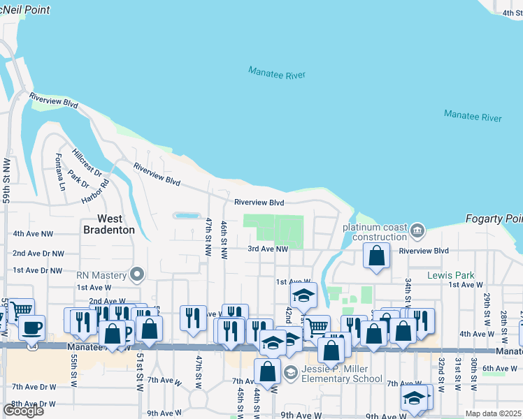 map of restaurants, bars, coffee shops, grocery stores, and more near 4406 Riverview Boulevard in Bradenton
