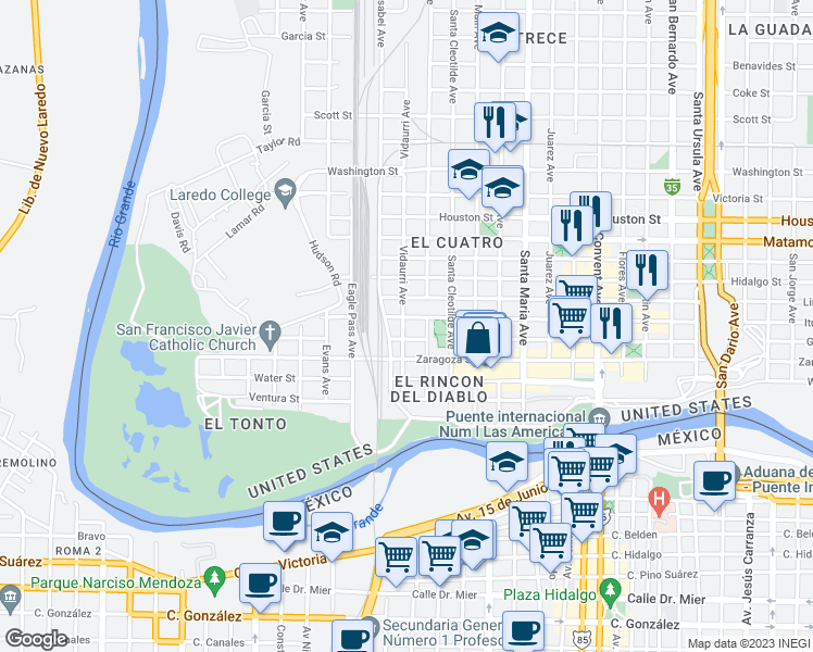 map of restaurants, bars, coffee shops, grocery stores, and more near 313 Vidaurri Avenue in Laredo