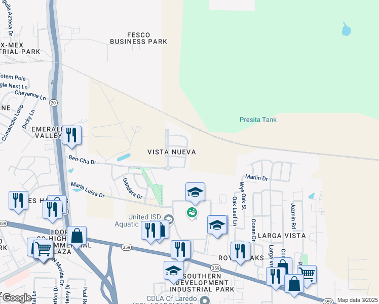 map of restaurants, bars, coffee shops, grocery stores, and more near 5309 Nevera Loop in Laredo