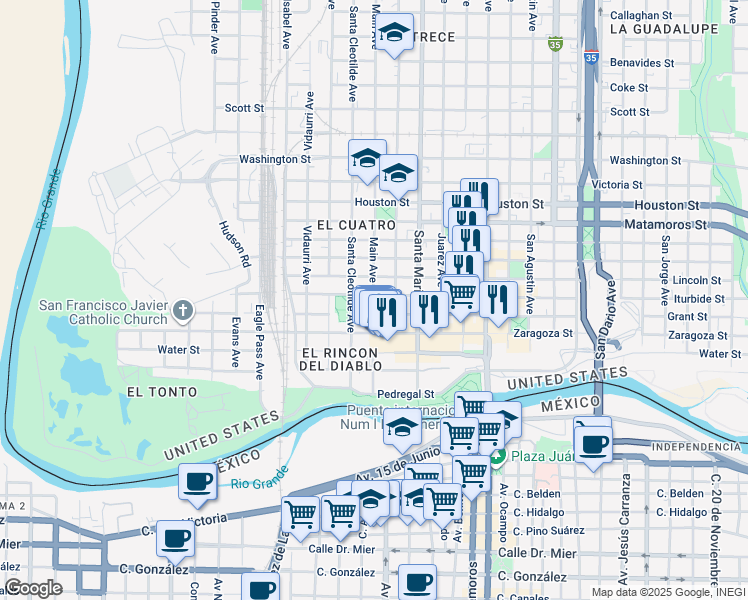 map of restaurants, bars, coffee shops, grocery stores, and more near 1715 Lincoln Street in Laredo