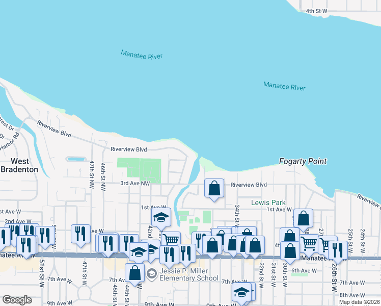 map of restaurants, bars, coffee shops, grocery stores, and more near 4010 Riverview Boulevard in Bradenton