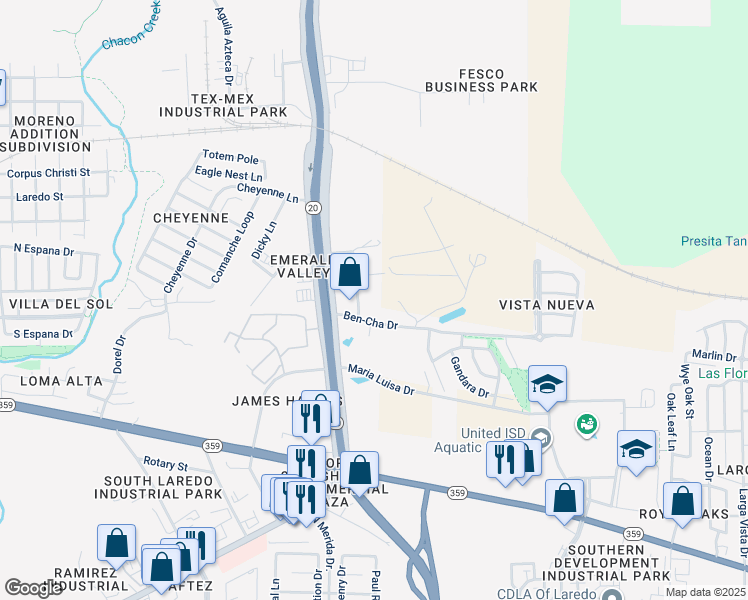 map of restaurants, bars, coffee shops, grocery stores, and more near 1003 Emerald Valley Drive in Laredo