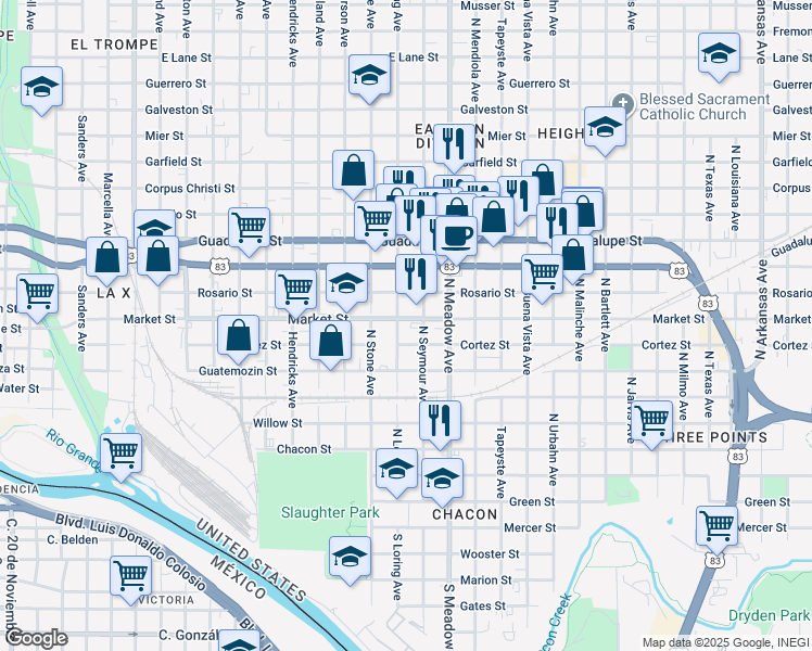 map of restaurants, bars, coffee shops, grocery stores, and more near 900-998 N Seymour Ave in Laredo