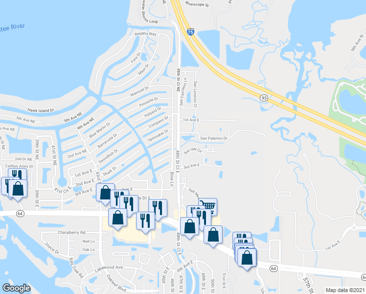 map of restaurants, bars, coffee shops, grocery stores, and more near 221 48th Street Court East in Bradenton
