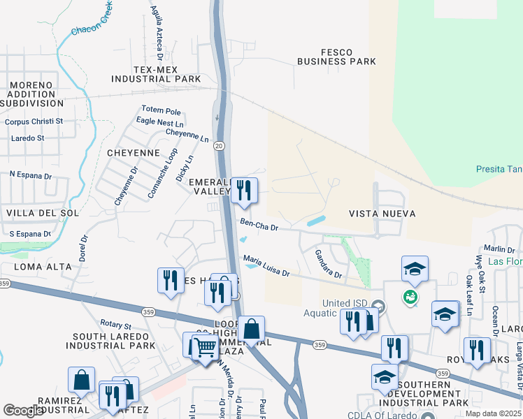 map of restaurants, bars, coffee shops, grocery stores, and more near 1003 Emerald Valley Drive in Laredo