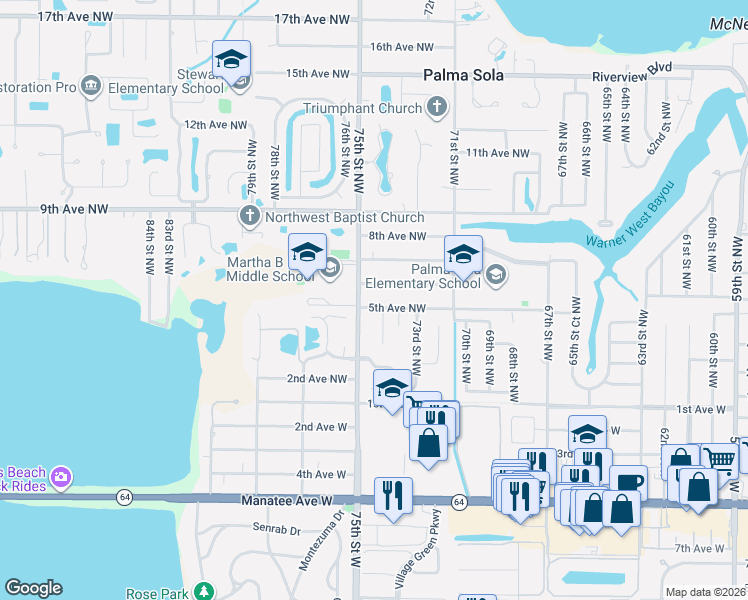 map of restaurants, bars, coffee shops, grocery stores, and more near 515 75th Street Northwest in Bradenton