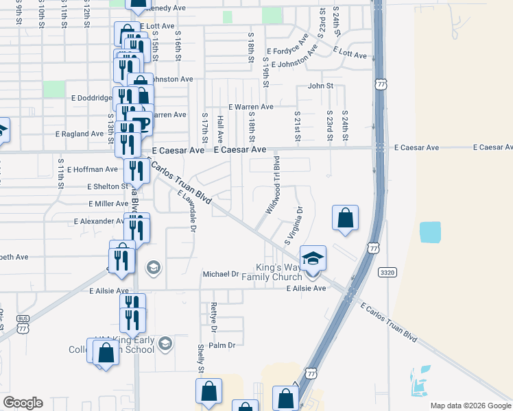 map of restaurants, bars, coffee shops, grocery stores, and more near 1402 Del Mar Drive in Kingsville