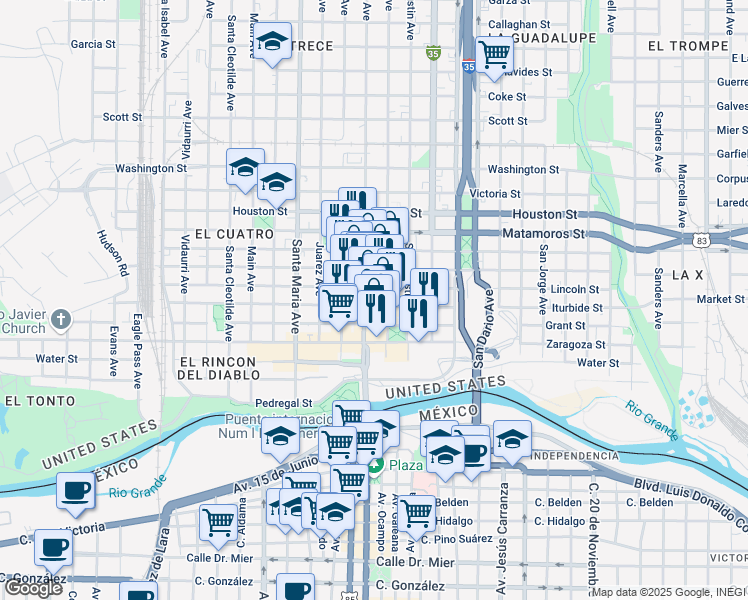 map of restaurants, bars, coffee shops, grocery stores, and more near in Laredo