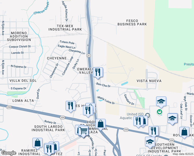 map of restaurants, bars, coffee shops, grocery stores, and more near 1023 Bob Bullock Loop in Laredo