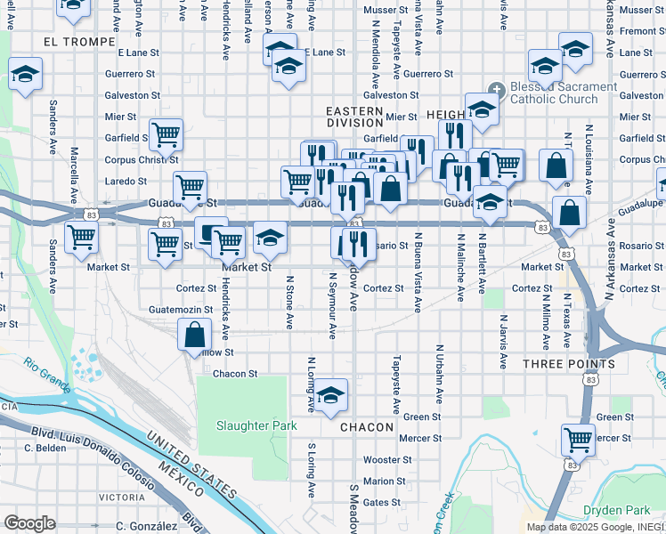map of restaurants, bars, coffee shops, grocery stores, and more near 900 North Seymour Avenue in Laredo