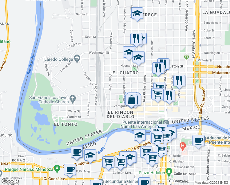 map of restaurants, bars, coffee shops, grocery stores, and more near 1904 Iturbide Street in Laredo