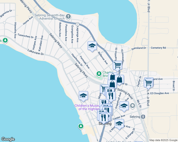 map of restaurants, bars, coffee shops, grocery stores, and more near 1109 Fernvale Avenue in Sebring