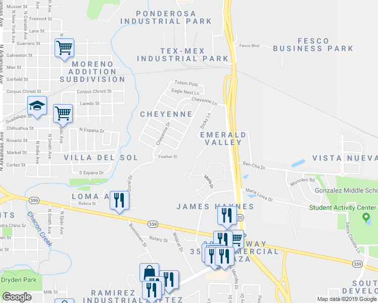 map of restaurants, bars, coffee shops, grocery stores, and more near 4250 Dorel Drive in Laredo