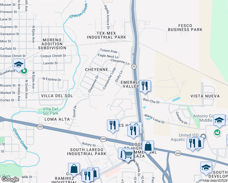 map of restaurants, bars, coffee shops, grocery stores, and more near 4250 Dorel Drive in Laredo