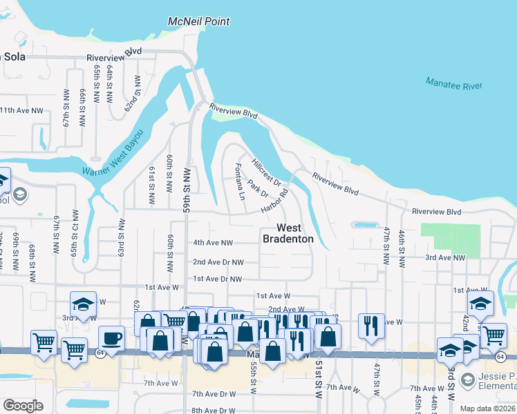 map of restaurants, bars, coffee shops, grocery stores, and more near 5408 Harbor Road in Bradenton