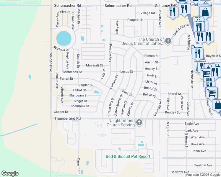 map of restaurants, bars, coffee shops, grocery stores, and more near 3898 Ferrari Dr in Sebring