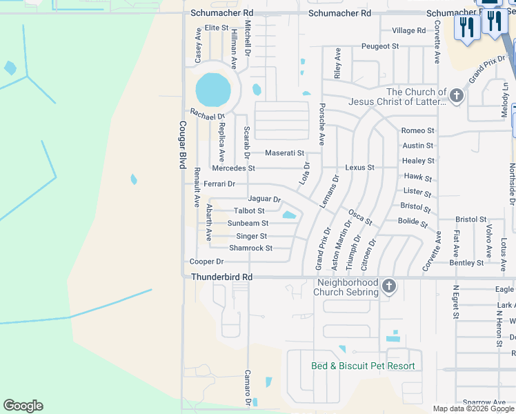 map of restaurants, bars, coffee shops, grocery stores, and more near 4308 Talbot Street in Sebring