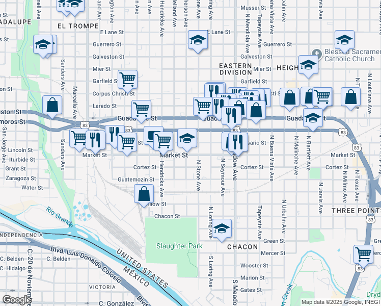 map of restaurants, bars, coffee shops, grocery stores, and more near 1208 Market Street in Laredo