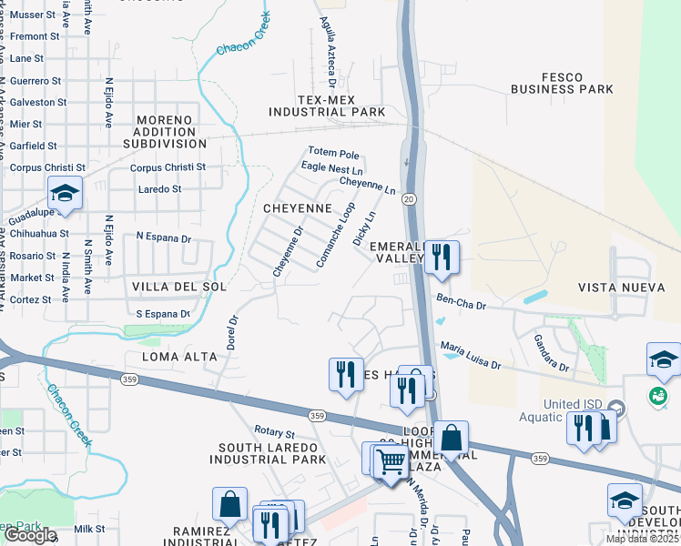 map of restaurants, bars, coffee shops, grocery stores, and more near 4248 Dorel Drive in Laredo