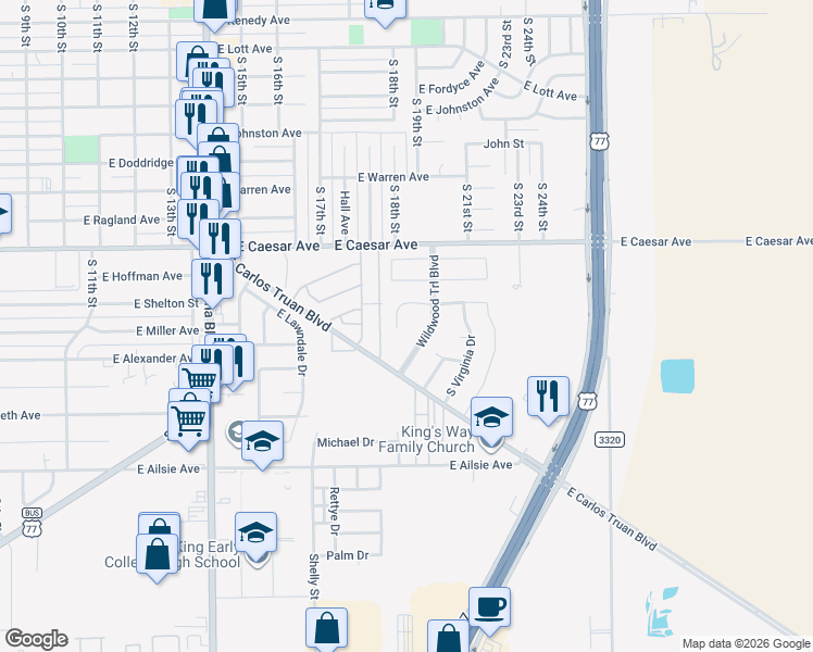 map of restaurants, bars, coffee shops, grocery stores, and more near 1402 Del Mar Drive in Kingsville