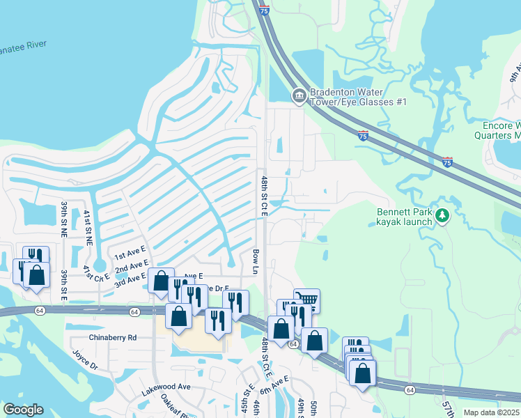map of restaurants, bars, coffee shops, grocery stores, and more near 221 48th Street Court East in Bradenton