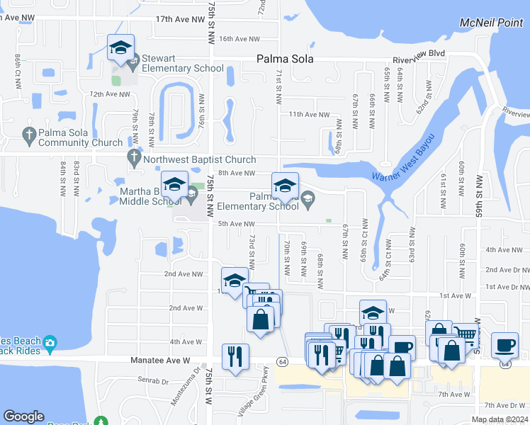map of restaurants, bars, coffee shops, grocery stores, and more near 7115 6th Avenue Northwest in Bradenton