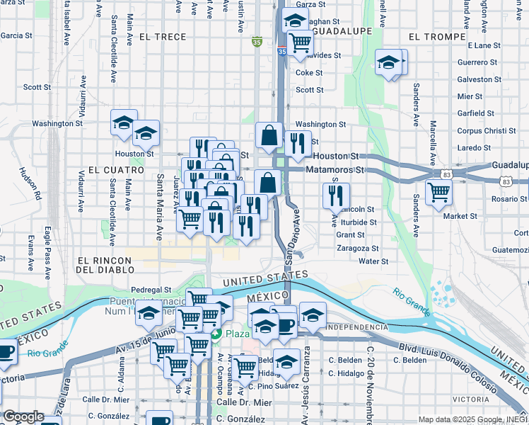 map of restaurants, bars, coffee shops, grocery stores, and more near 813 Lincoln Street in Laredo