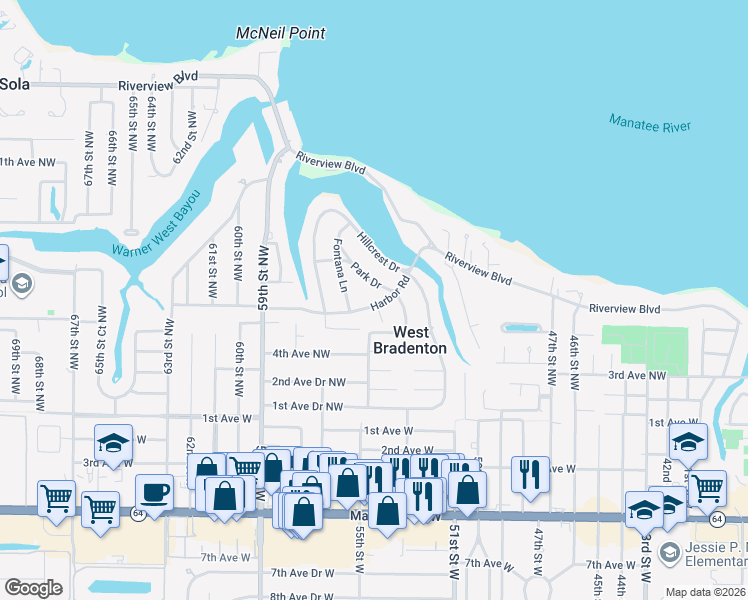 map of restaurants, bars, coffee shops, grocery stores, and more near 5408 Harbor Road in Bradenton