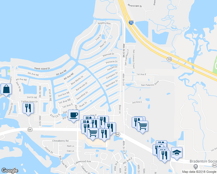 map of restaurants, bars, coffee shops, grocery stores, and more near 4716 Spinnaker Drive in Bradenton