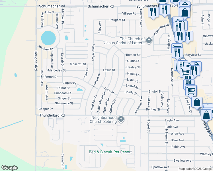 map of restaurants, bars, coffee shops, grocery stores, and more near 607 Aston Martin Dr in Sebring
