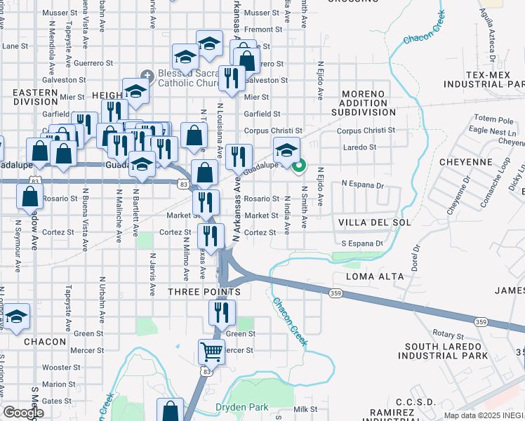 map of restaurants, bars, coffee shops, grocery stores, and more near 2908 Market Street in Laredo