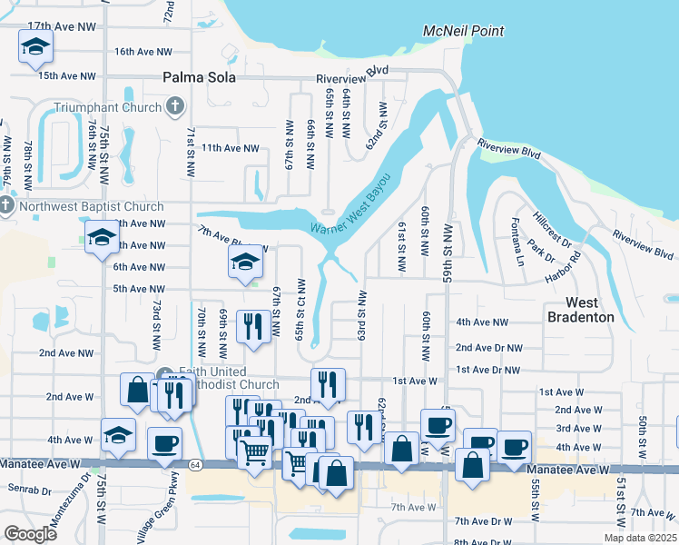 map of restaurants, bars, coffee shops, grocery stores, and more near 510 63rd Street Northwest in Bradenton