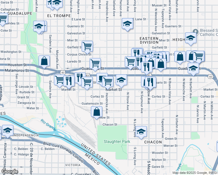 map of restaurants, bars, coffee shops, grocery stores, and more near 1014 Market Street in Laredo