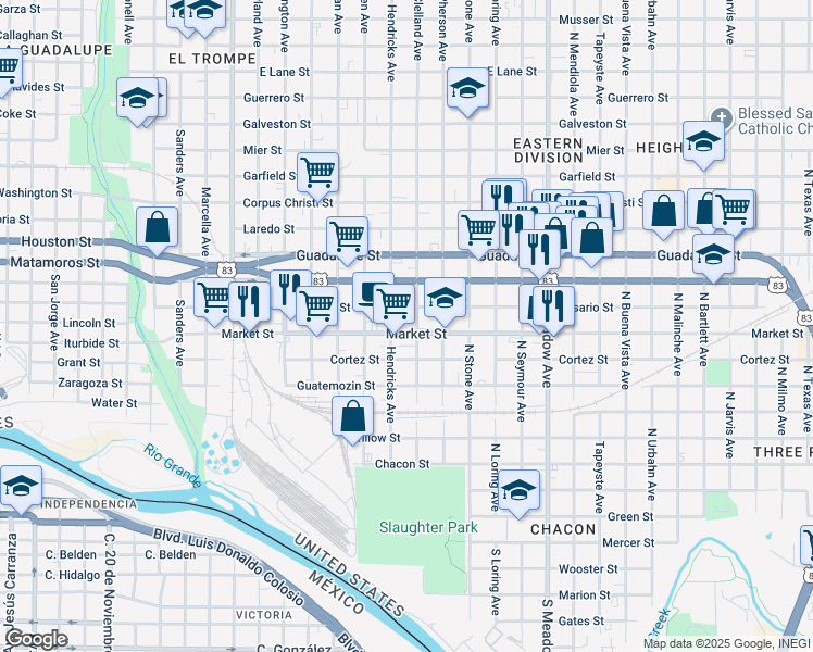 map of restaurants, bars, coffee shops, grocery stores, and more near 1014 Market Street in Laredo