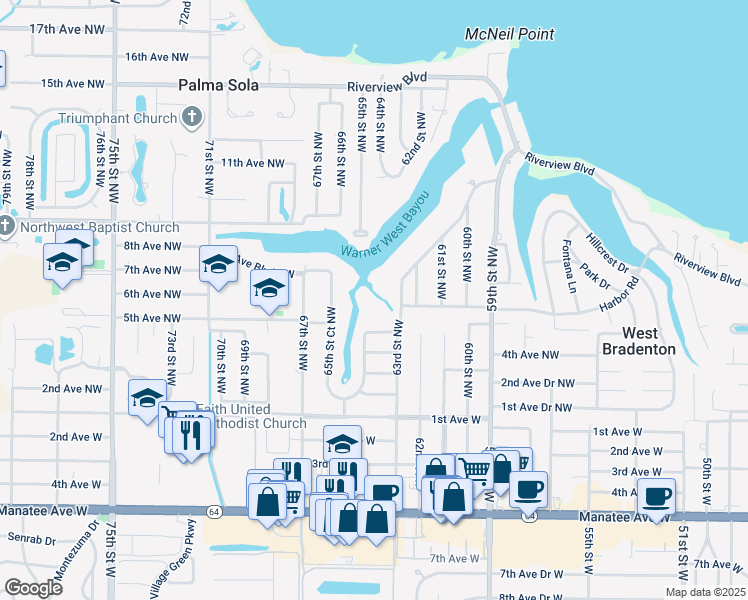 map of restaurants, bars, coffee shops, grocery stores, and more near 510 63rd Street Northwest in Bradenton
