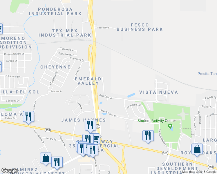 map of restaurants, bars, coffee shops, grocery stores, and more near 1003 Emerald Valley Drive in Laredo