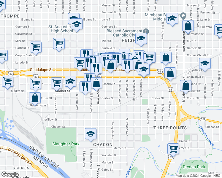 map of restaurants, bars, coffee shops, grocery stores, and more near 1720 Market Street in Laredo