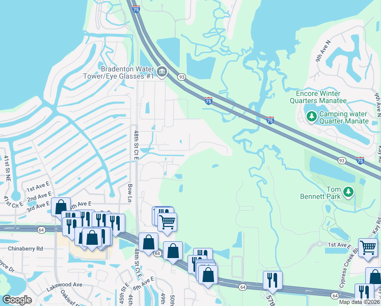 map of restaurants, bars, coffee shops, grocery stores, and more near 5130 San Palermo Drive in Bradenton