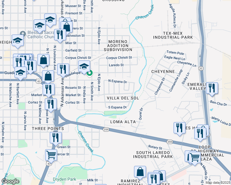 map of restaurants, bars, coffee shops, grocery stores, and more near 101 Madrid Drive in Laredo