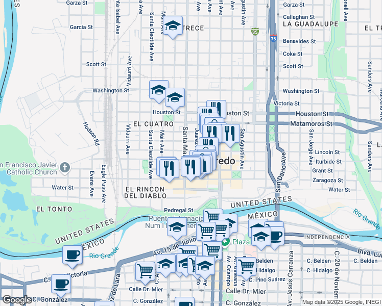 map of restaurants, bars, coffee shops, grocery stores, and more near 1415 Lincoln Street in Laredo