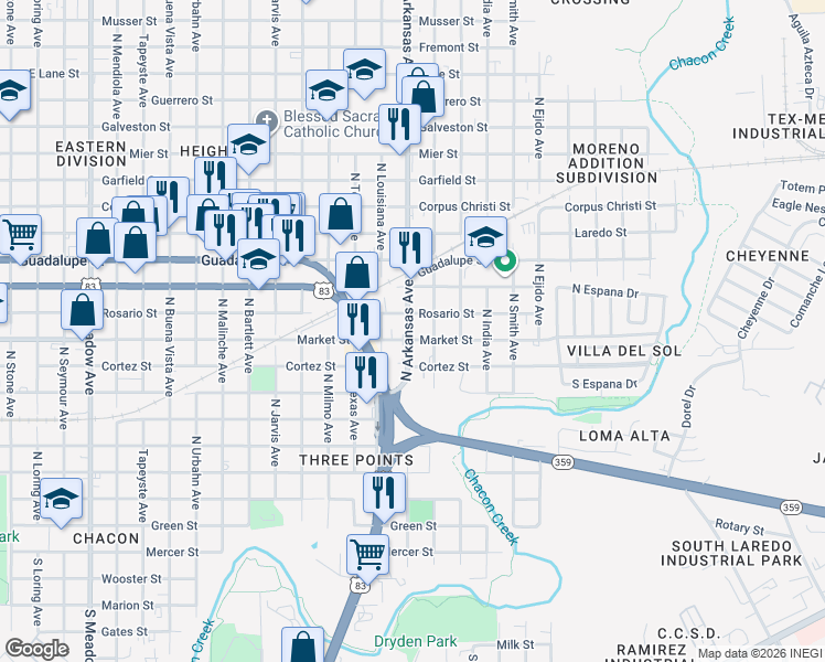 map of restaurants, bars, coffee shops, grocery stores, and more near 2802 Market Street in Laredo