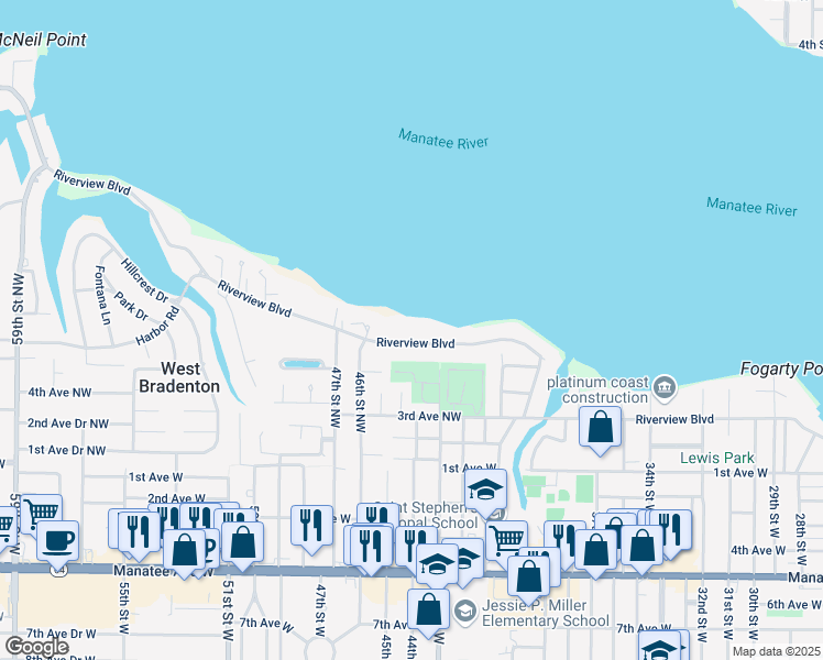 map of restaurants, bars, coffee shops, grocery stores, and more near 4406 Riverview Boulevard in Bradenton