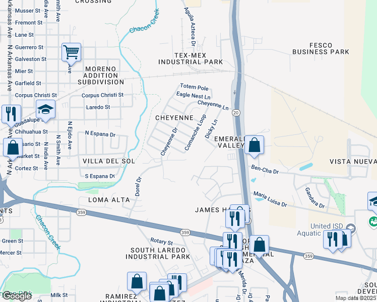 map of restaurants, bars, coffee shops, grocery stores, and more near 903 Comanche Loop in Laredo
