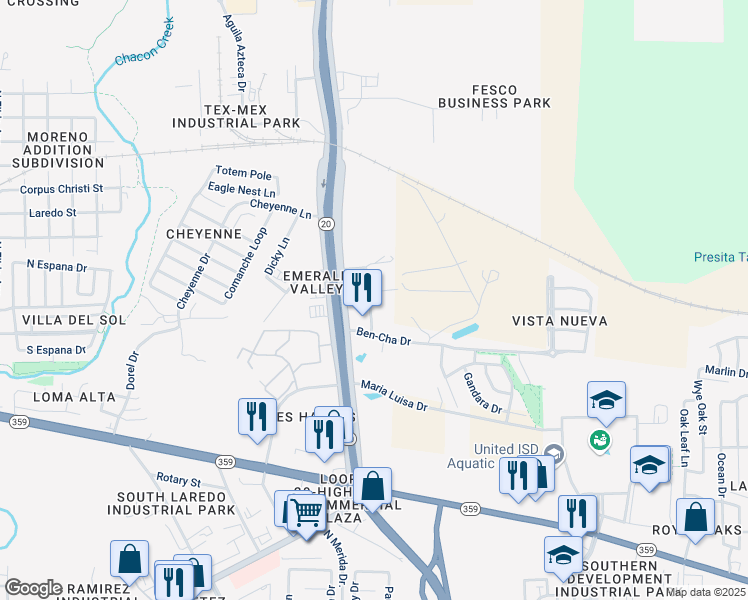 map of restaurants, bars, coffee shops, grocery stores, and more near 1023 Bob Bullock Loop in Laredo