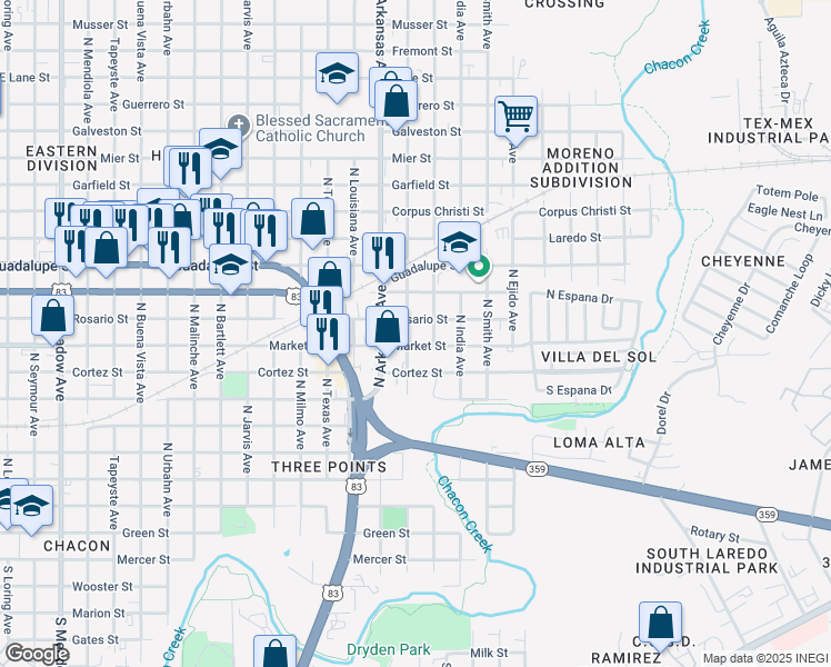 map of restaurants, bars, coffee shops, grocery stores, and more near 2908 Market Street in Laredo